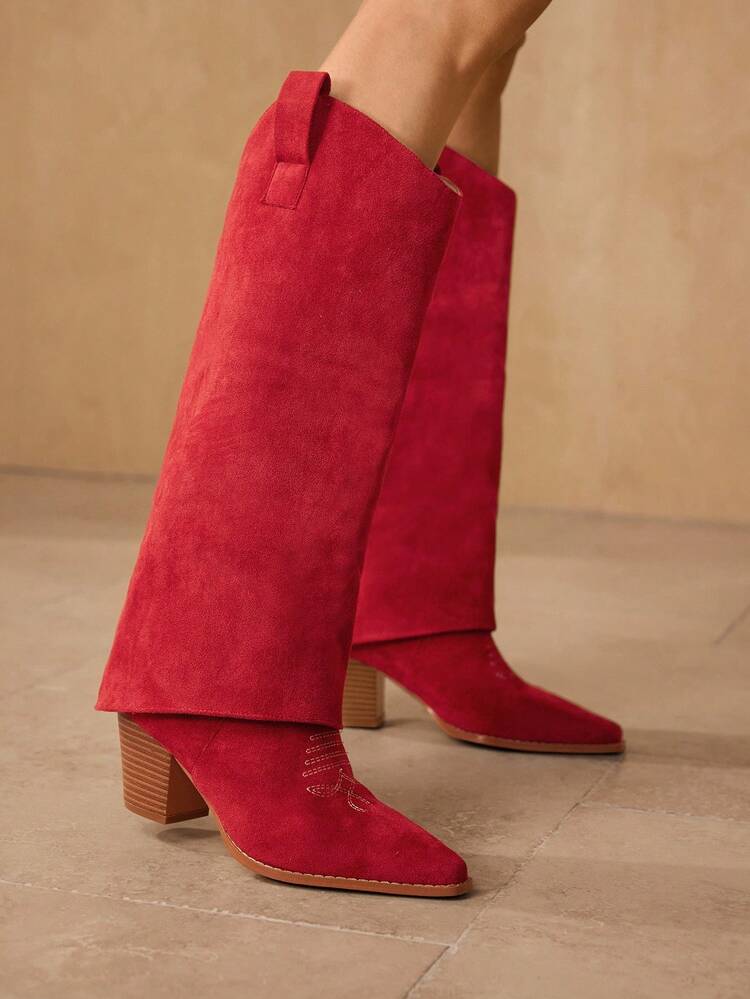 CUCCOO VINTAGE RED EMBROIDERED ANKLE BOOTS, WESTERN KNEE-HIGH BOOTS