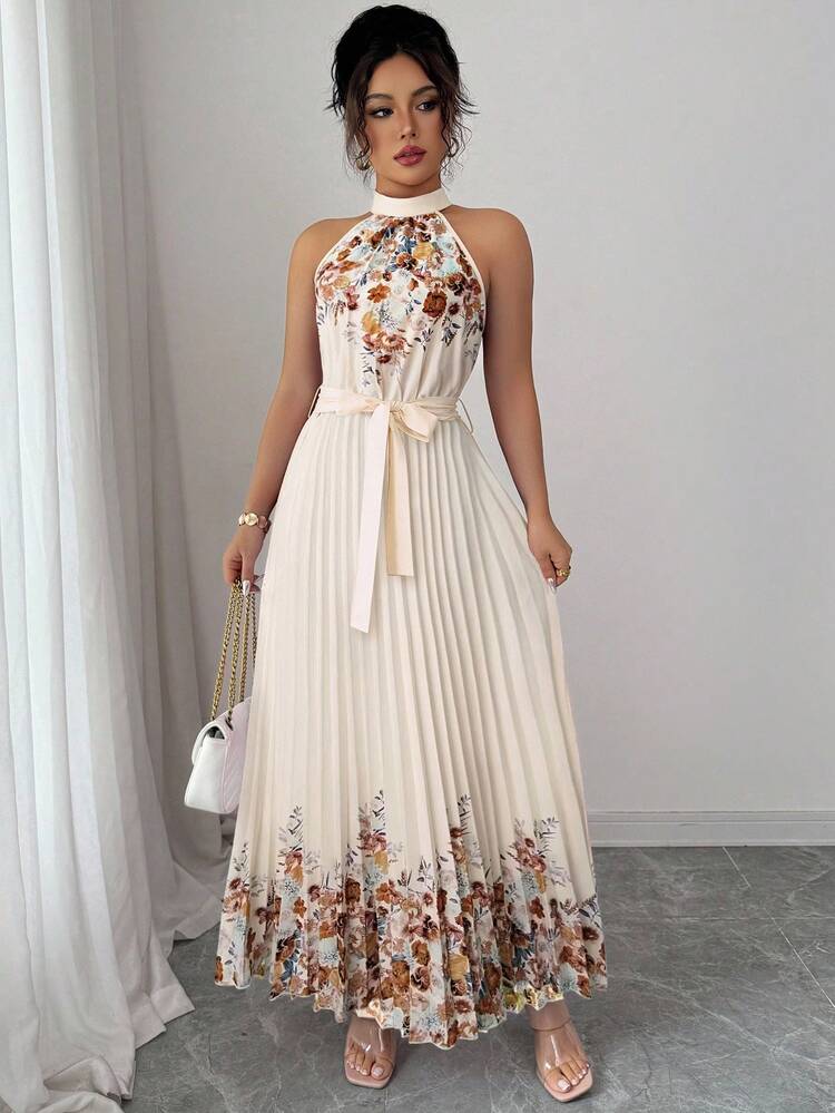 Elenzga Vestido holgado de verano elegante con estampado floral y cuello halter para mujer - Albaricoque - Añade 6