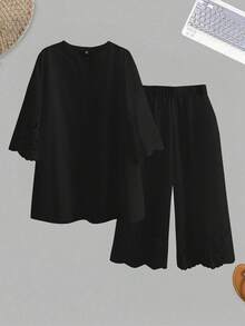 SHEIN Essnce Plus-Size Women's Elegant Black Embroidered Two Pieces Set,Summer Vacation Boho Outfits,Capris Short Sets For Women,Vacation Two Pieces Set Clothing - Black - View 1