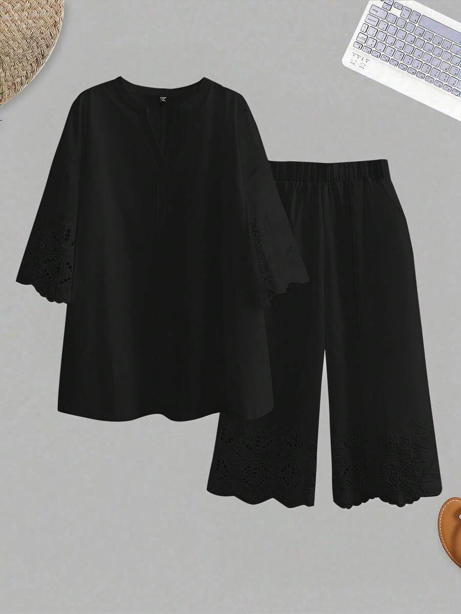 SHEIN Essnce Plus-Size Women's Elegant Black Embroidered Two Pieces Set,Summer Vacation Boho Outfits,Capris Short Sets For Women,Vacation Two Pieces Set Clothing - Black - View 1