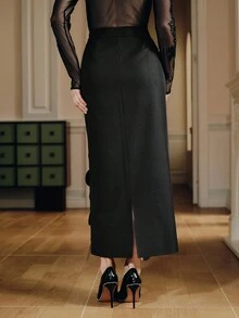 Anewsta Women's High-End Fashion Sequin Backless Slit Hem Straight Skirt - Black - View 2