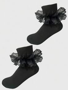 ROMWE Goth Women's Mid-Calf Socks With Ruffle Trim - Black - View 2