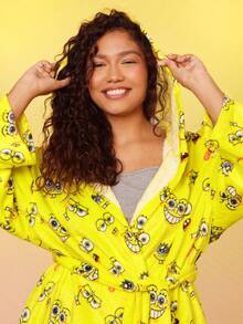 SpongeBob SquarePants | SHEIN 加大码卡通图案连帽长袖抓绒长袍，秋冬季舒适保暖套装 - 黃色 - 查看 5