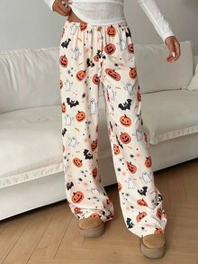 Aloruh 万圣节低腰系带阔腿南瓜蝙蝠印花女裤 - 彩色 - 查看 4