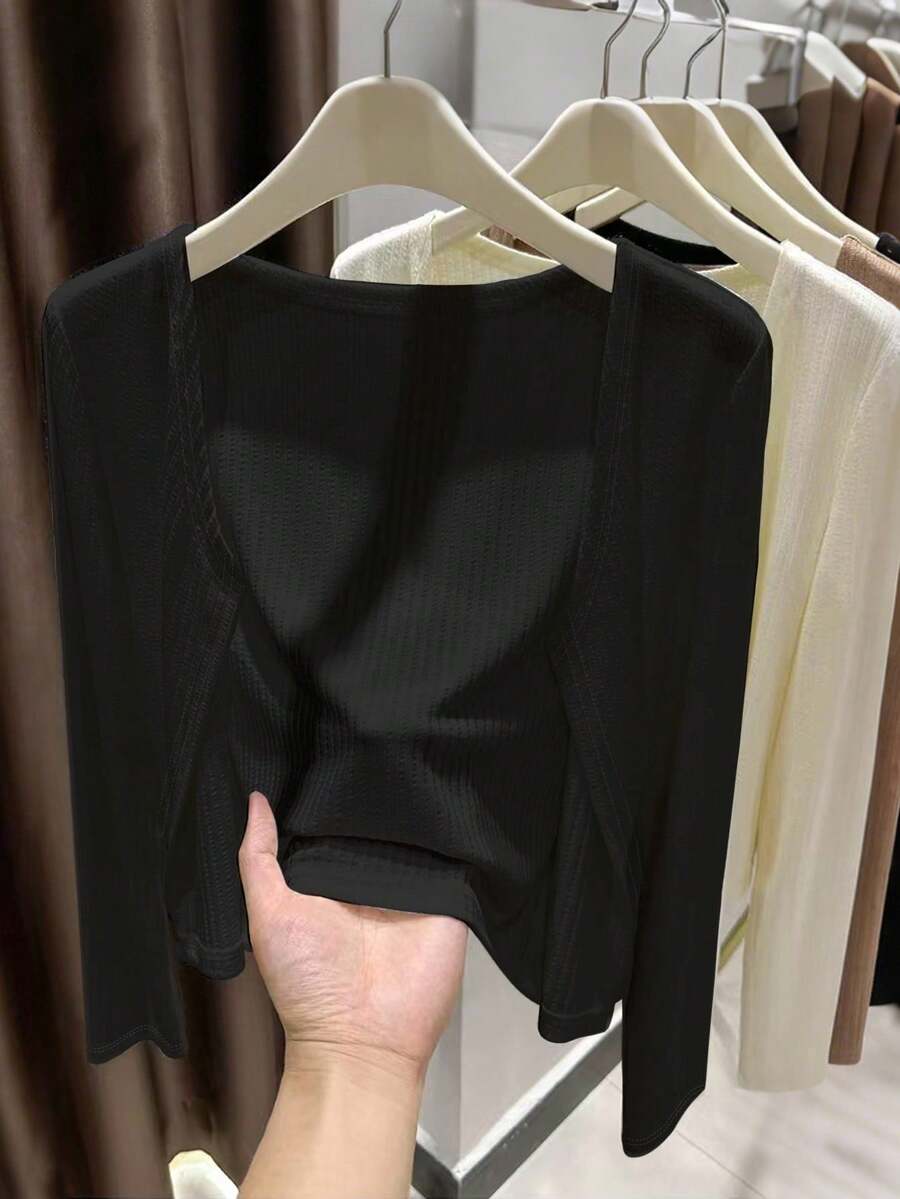 INAWLY Women's Casual Solid Color Romantic Long Sleeve Cardigan Fall Winter Cloth For Women - Black - View 1