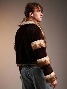 FeverCity Herren Lässige flauschige Fake-Pelz Kragen Langarm Jacke, Winter - Kaffeebraun - Übersicht 2