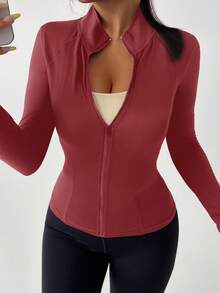 DAZY Solid Color Zipper Sports Running Yoga Fitted Long Sleeve Jacket - Burgundy - View 3