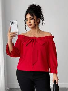 Elenzga 大码女式露肩中袖简约时尚衬衫，适合日常通勤，优雅时尚 - 紅色 - 查看 3