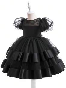 Glamorique Kids 女童黑色泡泡袖串珠多层薄纱缎面公主裙，适合正式场合、表演、生日派对、秋冬走秀公主/圣诞派对，以及秋冬度假派对。 - 黑色 - 查看 5