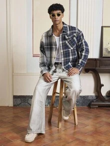 SWAVVY Men's Casual College Style Fashion Street Plaid Print Flap Pocket Long Sleeve Shacket, Fall, Winter - Grey - View 7