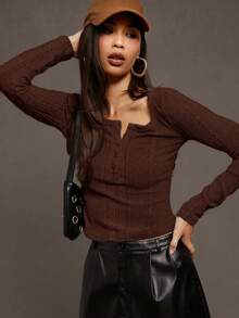 Siren Gaze T-shirt basique à col rond, manches longues, côtelé, avec demi-boutons pour femmes. Tenue décontractée et polyvalente, idéale pour la rentrée scolaire, les enseignants et l'automne. - Marron - Voir 8