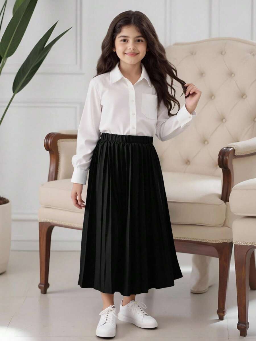 女童百搭優雅百褶A字裙，秋季服飾，適合休閒、校園、上班、派對、日常穿著、度假、夏季