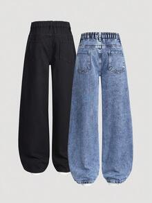 SHEIN ChillGRL 2pcs/Set Girls' All-Match Versatile Straight Leg Wide Leg Jeans Fall Winter - Multicolor - View 2