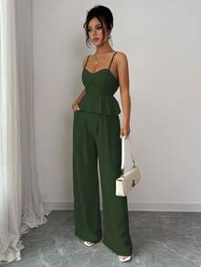 Selianne Women's Apricot Elegant Sleeveless Crop Top And Straight Leg Pants 2 Pieces Set, Summer - Army Green - View 6