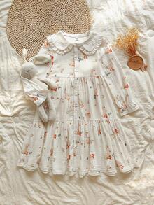 Vintaside Kids 女童荷叶边领纯棉连衣裙 女童鸭子印花宽松休闲连衣裙 女童卡通公主裙