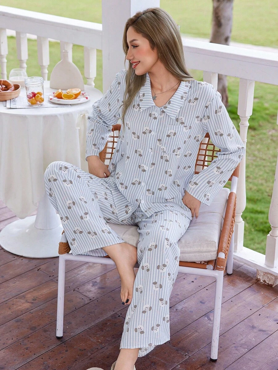 SHEIN Dream Adore Striped Puppy Print Lapel Long Sleeve Long Women Pajama Set, Fall Clothes - Baby Blue - View 1