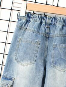 Young Boys' Jeans Boys' Multi-Pocket Casual Loose Straight Jeans Light Blue Children's Wide-Leg Slip-On Jeans Casual Fit Casual Jeans High-Waisted Elastic Drawstring Frayed Design Comfortable Everyday Wear Street Fashion Pants Spring And Autumn Casual Slip-On Cargo Jeans Loose Jeans Adjustable Waist Casual Everyday Wear Autumn And Winter Bottoms Everyday Wear Fall - Light Wash - View 4