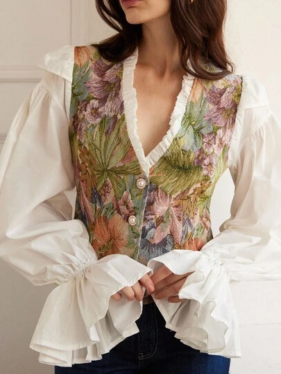 SHEIN X Scot Louie Aveloria Rosie Women's Fashionable Jacquard Fabric Patchwork Faux Tencel Contrast Collar Ruffle Bubble Extra Long Sleeve Blouse, Early Autumn Fall Cloth For Women