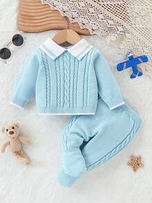 SHEIN Baby/Toddler Cute, Stylish British Style Versatile Autumn/Winter Sweater Top + Sweater Pants Knitted Suit Set, For Outings And Travel Fall - Baby Blue - View 8