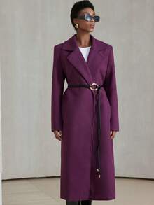 Aveloria Modichic Solid Color Woolen Lapel Commuter Elegant Belt Decor Long Women Casual Jacket
