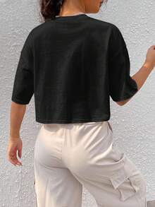 Comfortcana Áo thun ngắn tay màu đen trơn dáng rộng thường ngày - màu đen - Xem 9