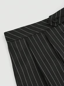 Lyrianda 2 件大码女式条纹翻领单排扣背心和宽松长裤休闲西装，高腰 - 黑與白 - 查看 8