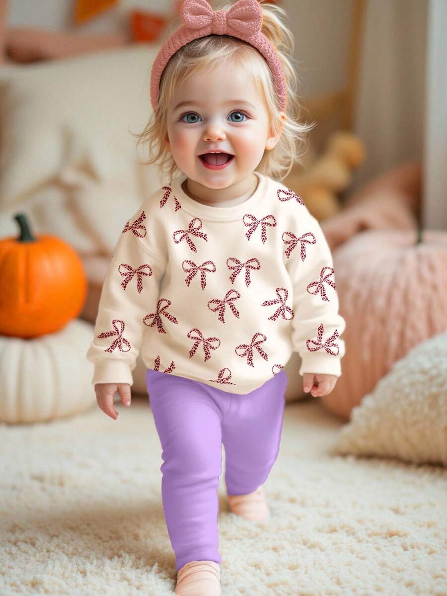 SHEIN Bộ quần áo nỉ dài tay cổ tròn dày mềm mại và quần legging cho bé gái, phù hợp cho mùa thu/đông - Nhiều màu - Xem 1