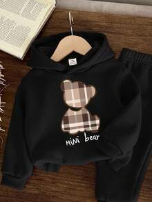 SHEIN Baby Boy Casual Minimalist Cartoon Bear Pattern Knitted Soft Loose Hoodie Sweatshirt Set, Suitable For Autumn/Winter Fall - Black - View 3