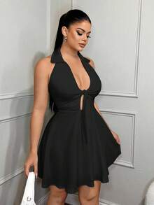 SHEIN SXY 前部打结挂脖 A 字迷你裙 - 黑色 - 查看 6