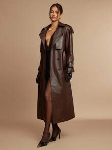 Silquee Women's Coffee Brown Casual Long Sleeve Button Collar Long Trench Coat High Quality Lined Trench Coat Autumn And Winter Women's Halloween Custom Women's Cat Women's Casual Lapel Button PU Coat, Autumn And Winter Imitation Fur Coat, Autumn And Winter Women's Solid Color Winter Fashion PU Coat Jacket Women Christmas, Thanksgiving Suitable For Going Out For Commuting Or Party And Other Occasions,Fall,Brown Jacket - Coffee Brown - View 4
