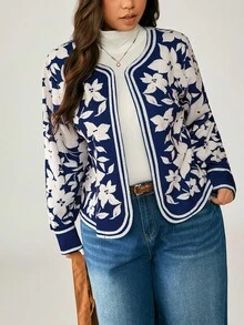 EMERY ROSE Plus Size Floral Print Casual Jacket Winter Fall Autumn - Black - View 1