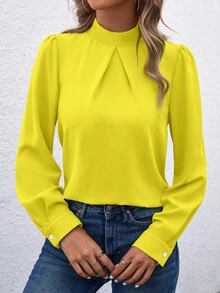 EMERY ROSE Áo sơ mi tay dài cổ đứng màu trơn thanh lịch, thích hợp mặc hàng ngày - Màu vàng - Xem 3