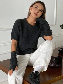 DAZY 女式纯色修身圆领长袖可拆袖休闲优雅毛衣，秋冬 - 灰色 - 查看 6