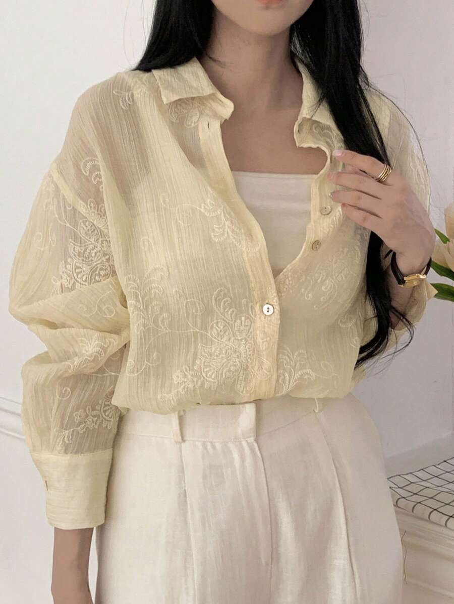 DAZY Áo cánh dài tay cổ bẻ, vải jacquard dáng rộng thoải mái cho nữ, mùa thu - Màu be - Xem 1