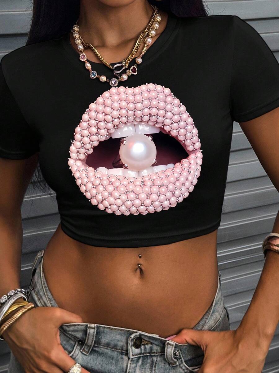Women's Fashion Rhinestone Lip Print Cropped T-Shirt, Summer - Black - View 1