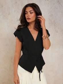 COSMINA Women's Elegant V-Neck Tie-Waist Camisole, Spring/Summer Black Tops - Black - View 1