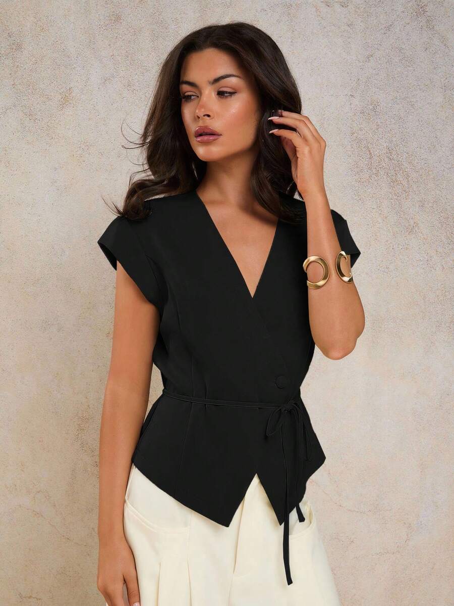 COSMINA Women's Elegant V-Neck Tie-Waist Camisole, Spring/Summer Black Tops - Black - View 1