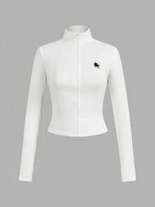 SHEIN EZwear 2 件白色和黑色马标志图案针织拉链长袖 T 恤，适合秋冬季分层、休闲和运动，适合返校 - 彩色 - 查看 9