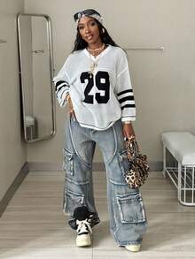 Coolane Girls Knit Striped & Number Printed 3/4 Sleeve Oversized Jersey Cover Up Sweater,Halloween In Fall/Winter