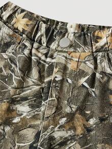 SHEIN Bubblio Quần denim ống rộng in họa tiết cành cây ngụy trang cho bé gái - xanh quân đội - Xem 6