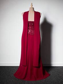 Viva Relle 大码女士优雅华丽亮片雪纺连衣裙，适合宴会、派对、婚礼、新年等场合，无肩带闪亮收腰飘逸雪纺长裙 - 酒紅色 - 查看 3