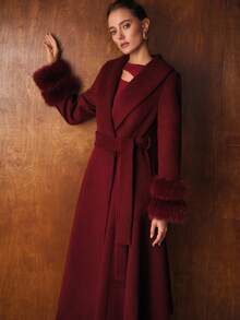 MOTF PREMIUM CONTRAST FAUX FUR BELTED OVERCOAT - Burgundy - View 6