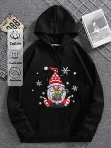 RueChic Cotton Men's Christmas Printed Hooded Pullover Sweatshirt With Drawstring - Black - View 1