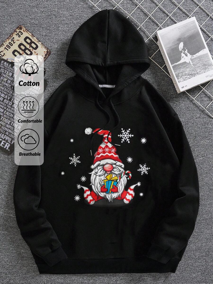 RueChic Cotton Men's Christmas Printed Hooded Pullover Sweatshirt With Drawstring - Black - View 1