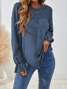EMERY ROSE Elegant Solid Color Ruffle Puff Sleeve Blouse, Spring/Autumn Fall Cloth For Women - Blue - View 4