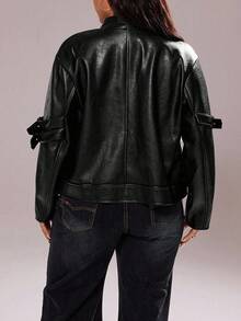 Rustia Chaqueta con cuello alto y cremallera de unicolor y textura de piel sintética para tallas grandes - Negro - Ver 2
