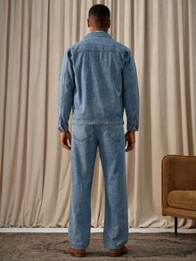 Manfinity Homme Men Street Style Washed Blue Denim Jacket & Jeans, Spring/Summer Western Business Casual Acid Washed Blue For Rave, Fall Clothes