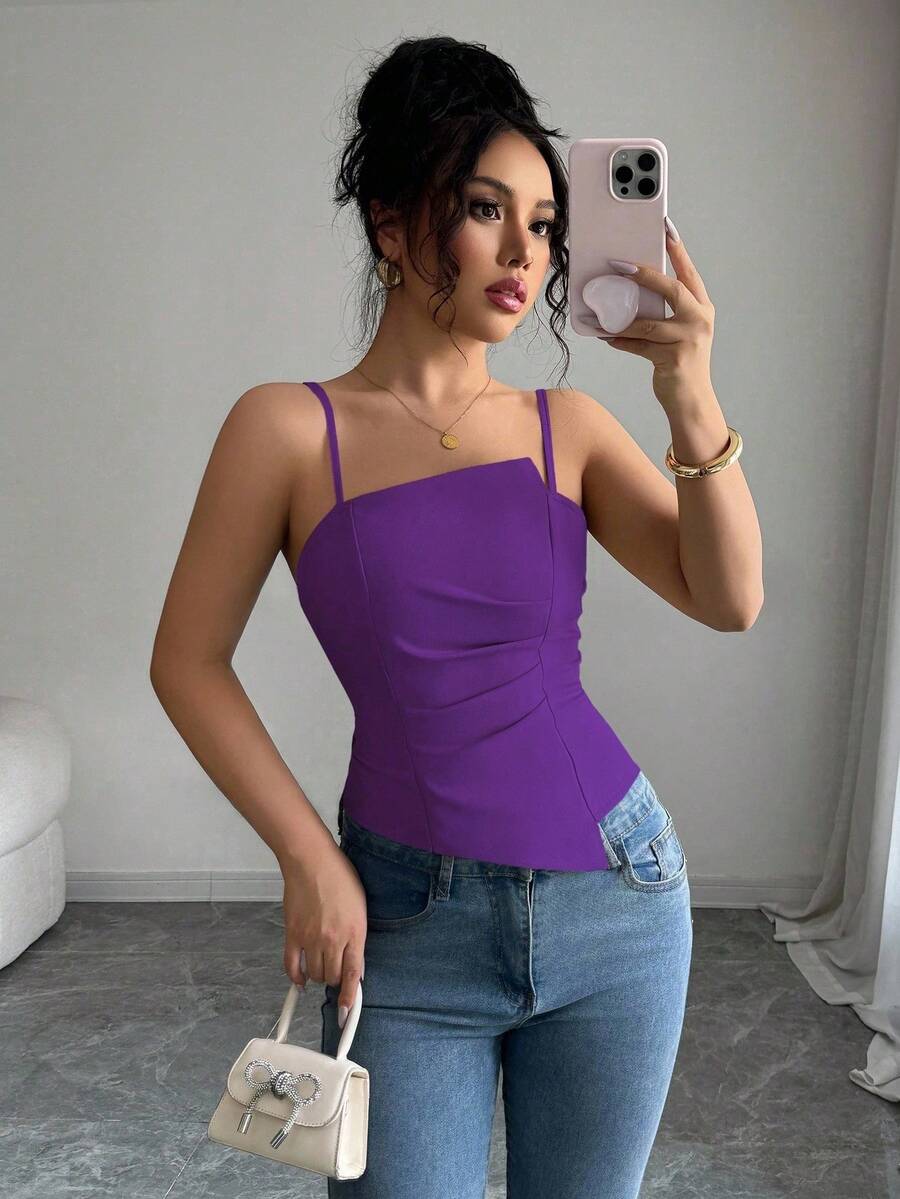 Elenzga Elegant & Cute Pleated Design Women Tank Top - Purple - View 1