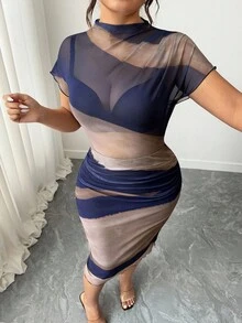 Elenzga Plus Size Women's Tie-Dye Print Mandarin Collar Batwing Short Sleeve Ruffle Fitted Sexy Dress