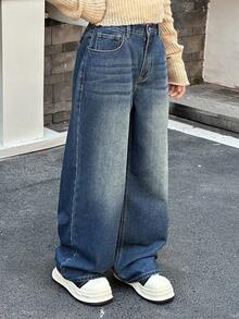 DAZY 少女休闲水洗宽松阔腿牛仔裤 - 深色水洗藍 - 查看 7